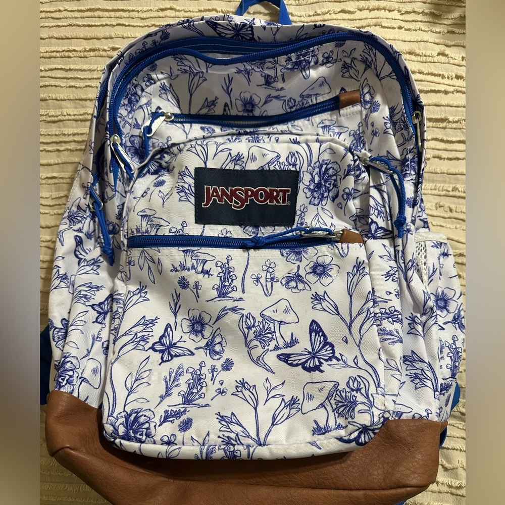 Jansport Blue Floral Backpack with Brown Base